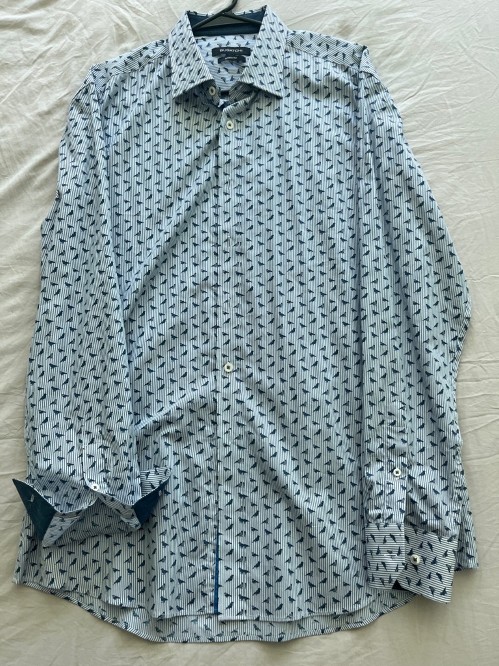 Bugatchi Light Blue Dress Shirt with Navy Bird Pattern